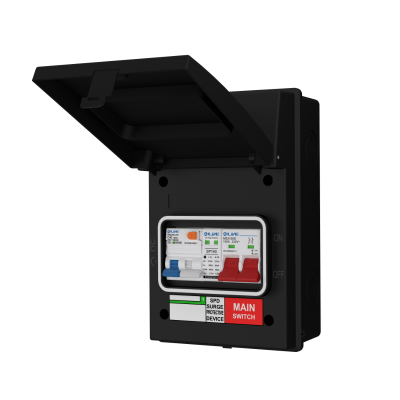 Live Electrical AGU5-SRTC/B 5 Way IP65 Black Metal Garage/EV Charging Unit with 100A Main Switch, 40A Type A DP RCBO C Curve & 20/40kA DP Type 2 SPD