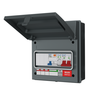 Live Electrical AGU8-SRTB/G 8 Way IP65 Grey Metal Garage/EV Charging Unit with 100A Main Switch, 40A Type A DP RCBO B Curve & 20/40kA DP Type 2 SPD