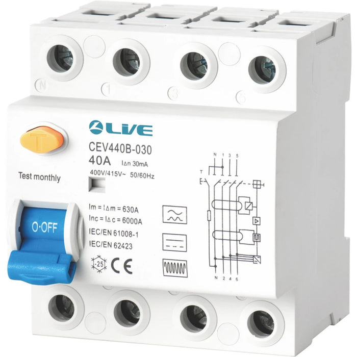 Live Electrical CEV425B-030 4 Pole 4 Module 25A 30mA Type B RCCB