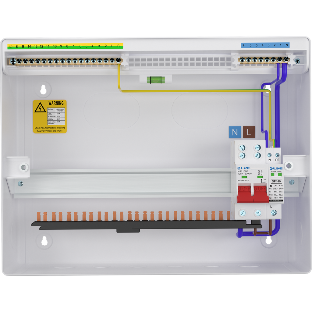 Live Electrical LSMC04S-SP 4 Module Metal SRN Consumer Unit with 100A Main Switch and SPD