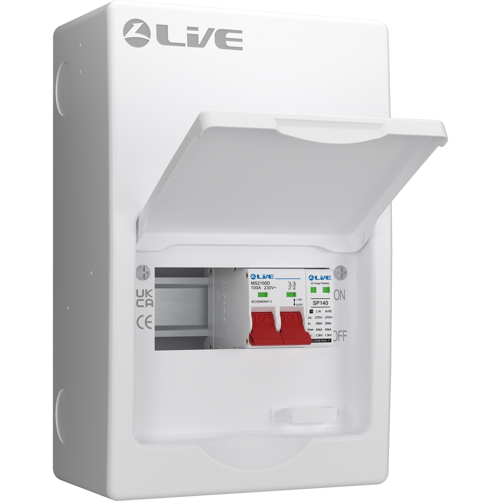 Live Electrical LSMC06S-SP 6 Module Metal SRN Consumer Unit with 100A Main Switch and SPD