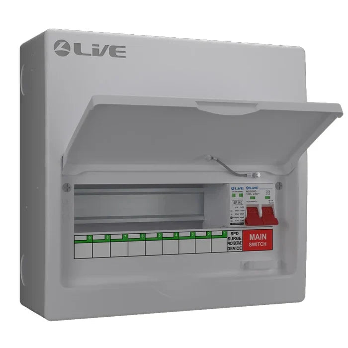 Live Electrical LSMC12M-SP 9 Usable Way Metal Consumer Unit with Main Switch and T2 SPD