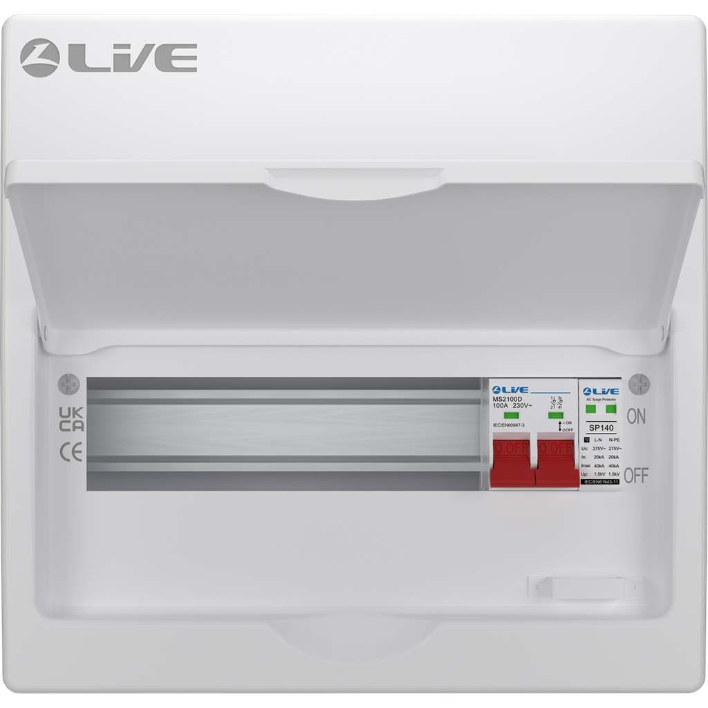 Live Electrical LSMC12S-SP 12 Module Metal SRN Consumer Unit with 100A Main Switch and SPD