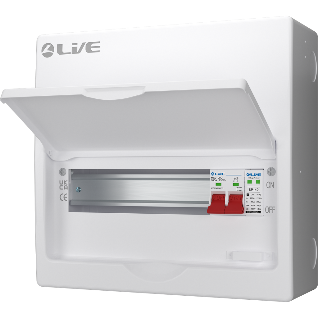 Live Electrical LSMC12S-SP 12 Module Metal SRN Consumer Unit with 100A Main Switch and SPD