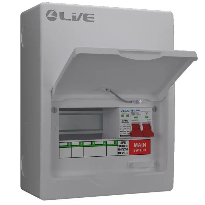 Live Electrical LSMC8M-SP 5 Usable Way Metal Consumer Unit with Main Switch and T2 SPD