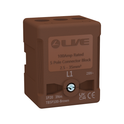 Live Electrical TB5P100-BROWN 5 Way 100A Rated Terminal Block Brown, Terminal Capacity up to 35mm2