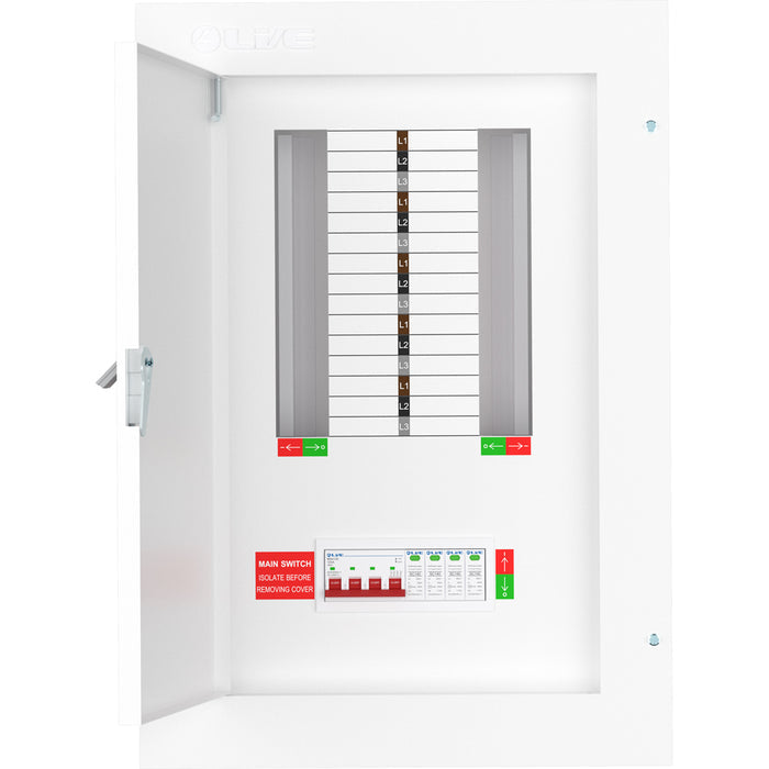 Live Electrical TPN10-125S 10 Way TP&N Distribution Board with 4 Pole 125A Main Switch Incomer & 20/40kA DP SPD