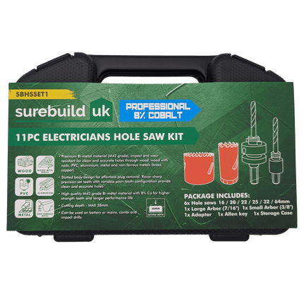 Surebuild SBHSSET1 Electricians 11 Piece HSS Cobalt Bi-Metal 16-64mm Holesaw Set
